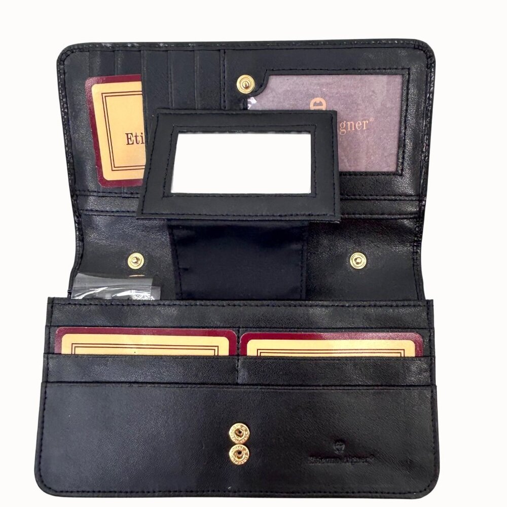 NWOT Etienne Aigner Black Croc-Embossed Leather Foldover Wallet - Picture 4 of 7